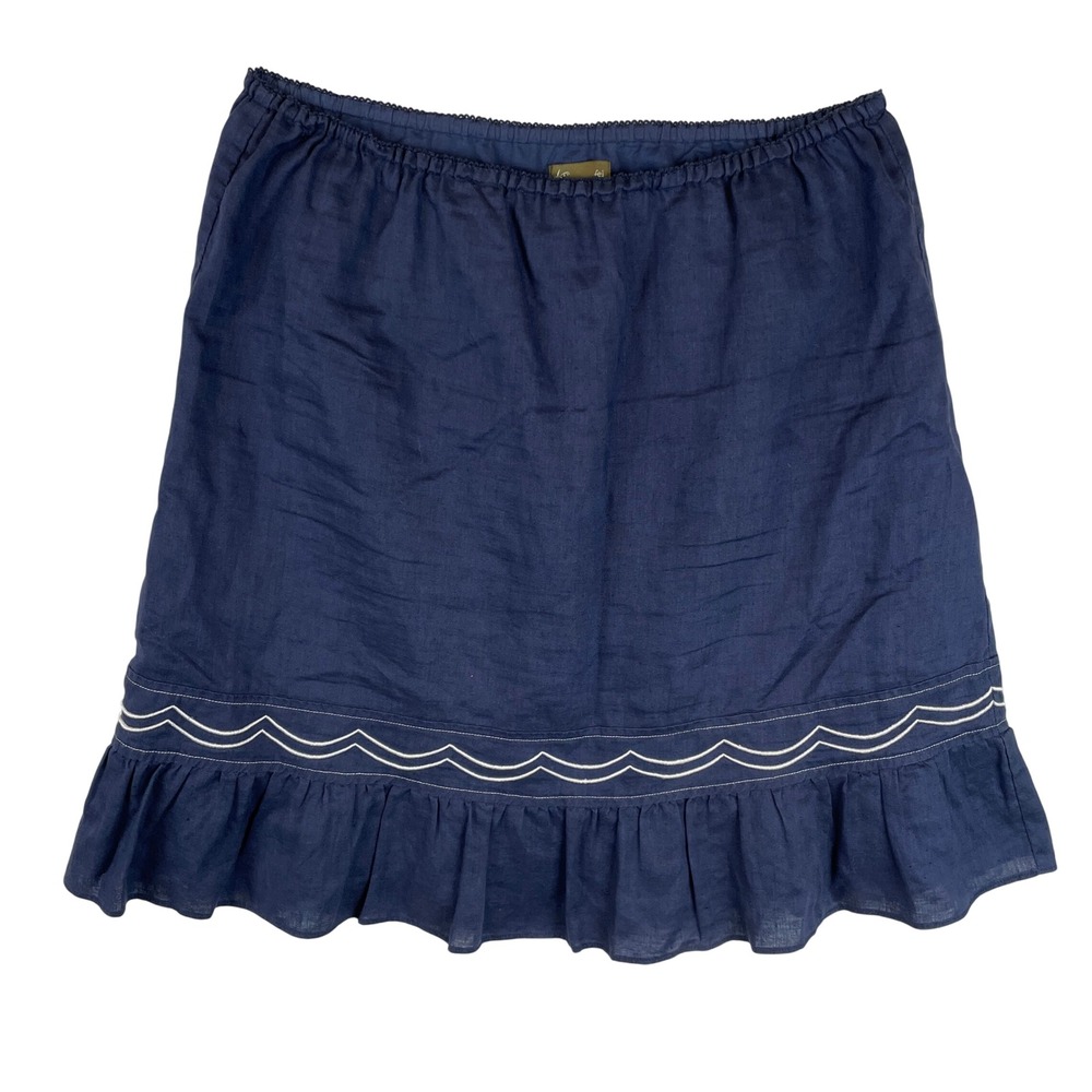 Fei Anthropologie Navy Blue Linen Ruffle Hem Embroidered Skirt Womens Medium